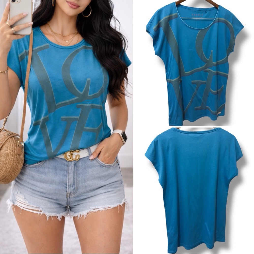 Esprit | EUC Blue Cotton Abstract Graphic Tee Cap Sleeve Scoop Neck Top (size M)